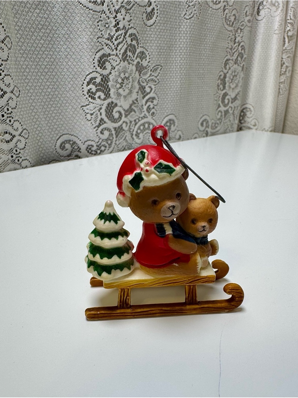 HOMCO Bear Sled Christmas Ornament with Tree - Red & Green